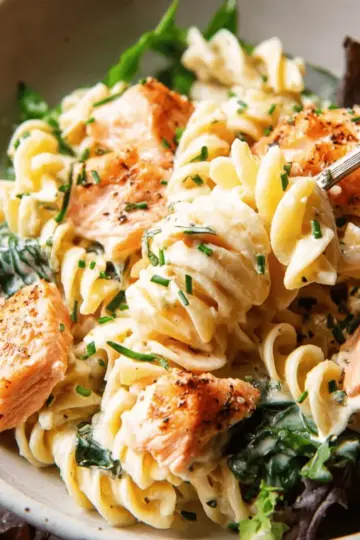 Creamy Salmon Pasta with Mixed Greens