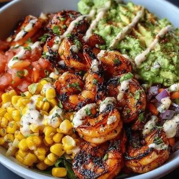 Grilled Shrimp Bowl with Avocado, Corn Salsa & Creamy Garlic Sauce