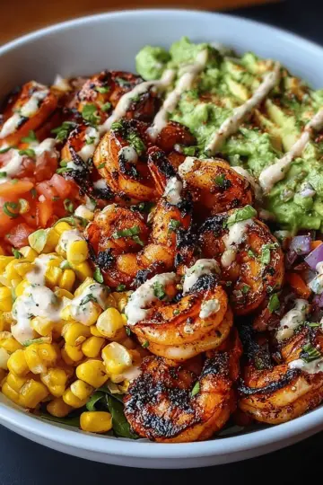 Grilled Shrimp Bowl with Avocado, Corn Salsa & Creamy Garlic Sauce