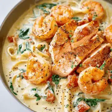 Creamy Tuscan Salmon Shrimp Pasta