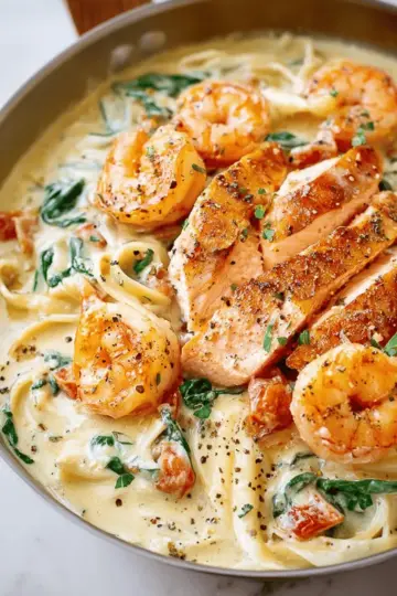 Creamy Tuscan Salmon Shrimp Pasta