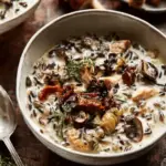 Creamy Wild Rice Chicken Soup with Roasted Mushrooms.