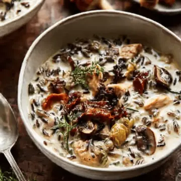 Creamy Wild Rice Chicken Soup with Roasted Mushrooms.