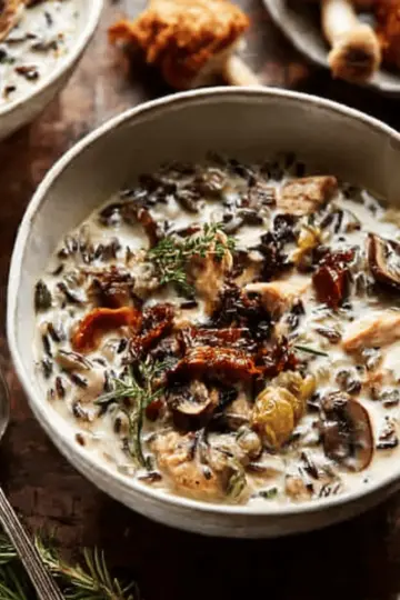 Creamy Wild Rice Chicken Soup with Roasted Mushrooms.