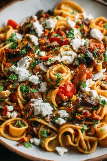 Charred Eggplant Pasta with Tomatoes & Goat Cheese