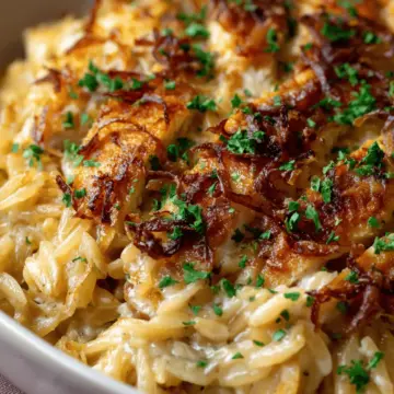 French Onion Chicken Orzo Casserole