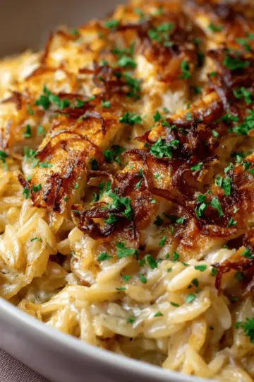 French Onion Chicken Orzo Casserole