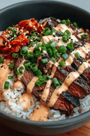 Korean BBQ Steak Rice Bowls with Spicy Cream Sauce
