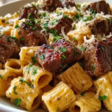 Cajun Steak Tips in Cheesy Rigatoni Parmesan Sauce