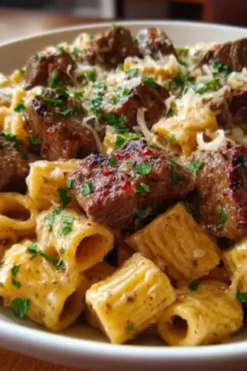Cajun Steak Tips in Cheesy Rigatoni Parmesan Sauce