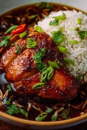 Caramelised Soy Chicken in Garlic Ginger Broth with Rice