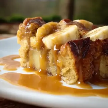 Pineapple Banana Bread Pudding with Banana Caramel Sauce