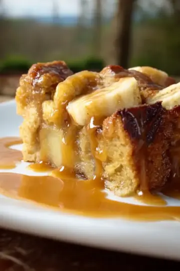 Pineapple Banana Bread Pudding with Banana Caramel Sauce