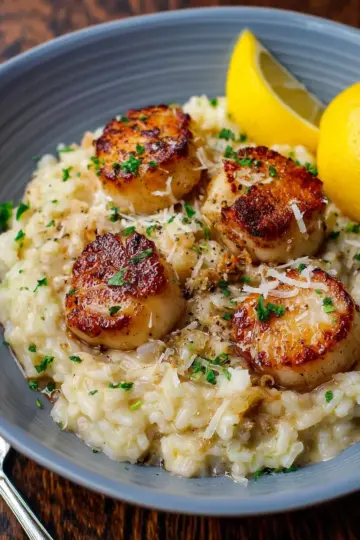 Lemon Butter Scallops Over Parmesan Risotto