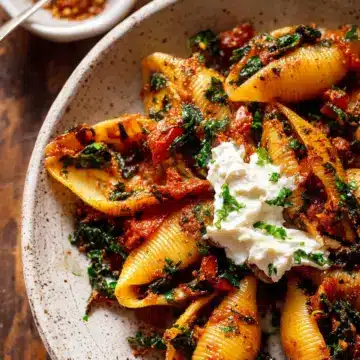 Unstuffed Spicy Tomato Basil Shells with Whipped Ricotta.