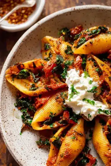 Unstuffed Spicy Tomato Basil Shells with Whipped Ricotta.