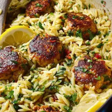 One-Pan Greek Chicken Meatballs and Lemon Orzo