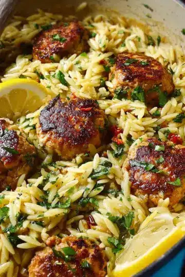 One-Pan Greek Chicken Meatballs and Lemon Orzo